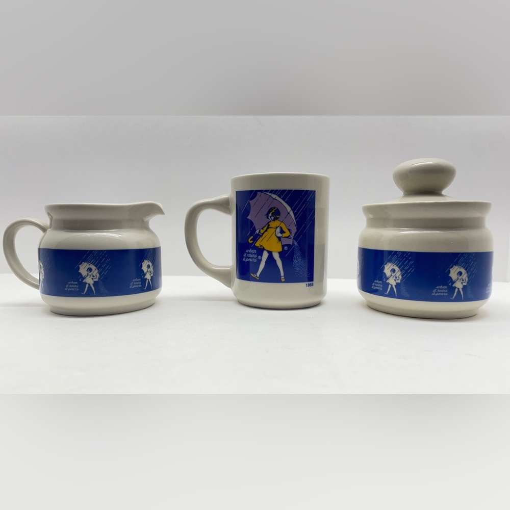Vintage Morton Salt Girl Mug Sugar Creamer Coffee Tea 3pc SET When It Rains